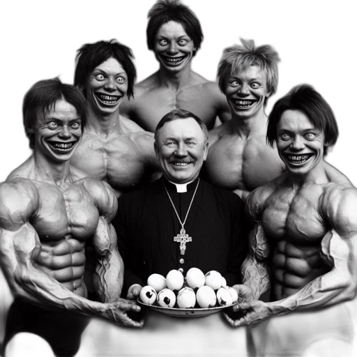 elderly, clergyman, black, white, photo, stands, amidst, muscular transparent PNG cut-out