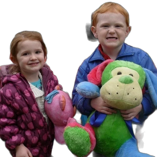 3d render, two, children, hold, stuffed, animals, front, table transparent PNG cut-out