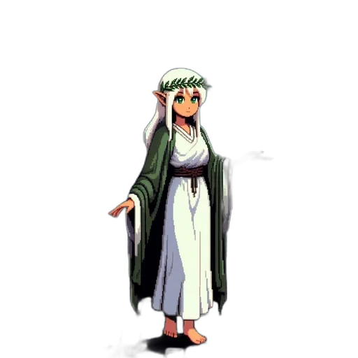 dress, staff, pixel art, concept art, fantasy art, anime, green, monochrome transparent PNG cut-out