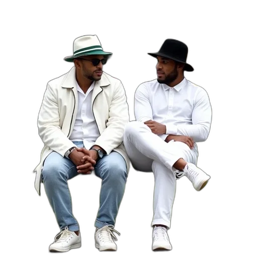 jacket, hat, two, men, sitting, bench, park, one transparent PNG cut-out