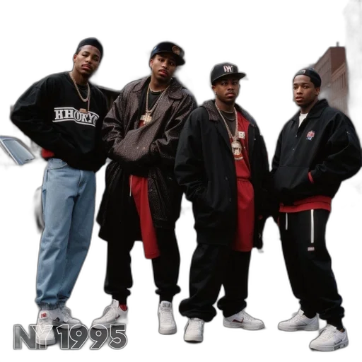 four, men, 90s, hip-hop, attire, stand, city, street transparent PNG cut-out