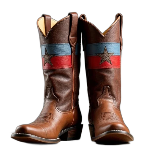 shoes, pair, brown, cowboy, boots, red, blue, striped transparent PNG cut-out