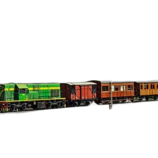 3d render, photorealistic, concept art, colorful, train, green, red, orange transparent PNG cut-out