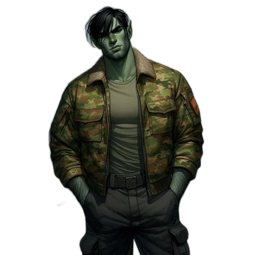 jacket, concept art, comic book art, fantasy art, pixel art, green, slightly, weathered transparent PNG cut-out