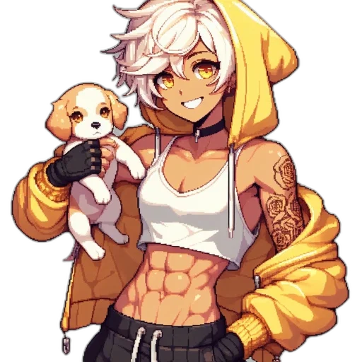 pixel art, anime, cyberpunk, cartoon, golden, monochrome, character, white transparent PNG cut-out