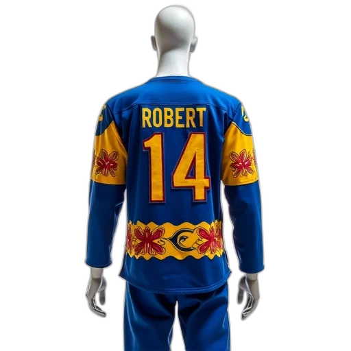 jacket, mannequin, displays, blue, yellow, hockey, jersey, number transparent PNG cut-out
