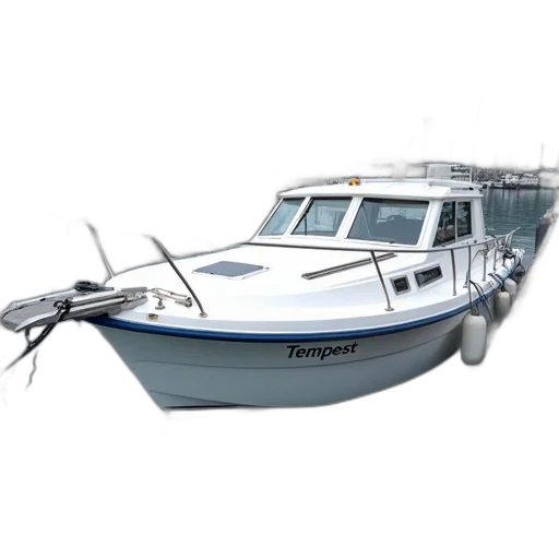 photorealistic, 3d render, white, boat, blue, trim, docked, marina transparent PNG cut-out
