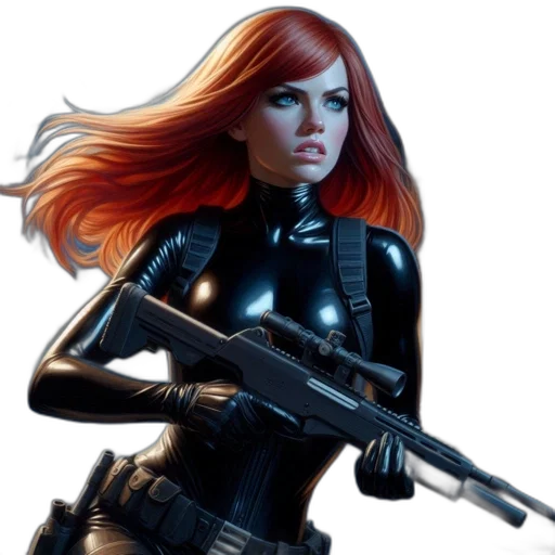 comic book art, concept art, fantasy art, 3d render, intense, armed, woman, stands transparent PNG cut-out