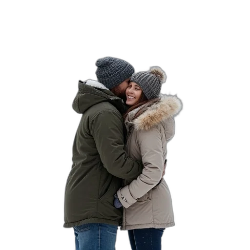 jacket, hat, umbrella, snow, fog, couple, hugging, winter transparent PNG cut-out