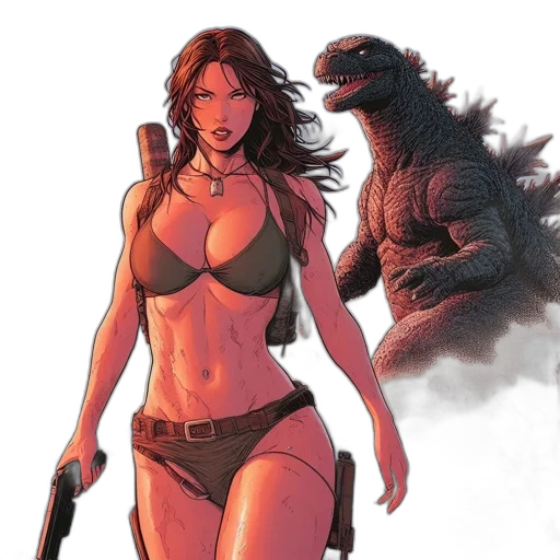 comic book art, concept art, fantasy art, woman, bikini, wielding, gun, stands transparent PNG cut-out