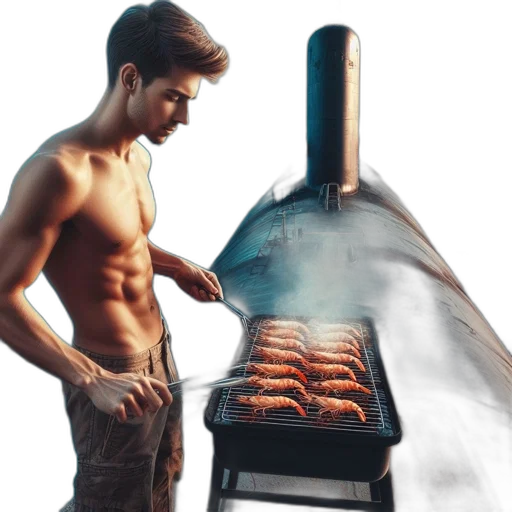 food, photorealistic, 3d render, young, man, grills, shrimps, deck transparent PNG cut-out
