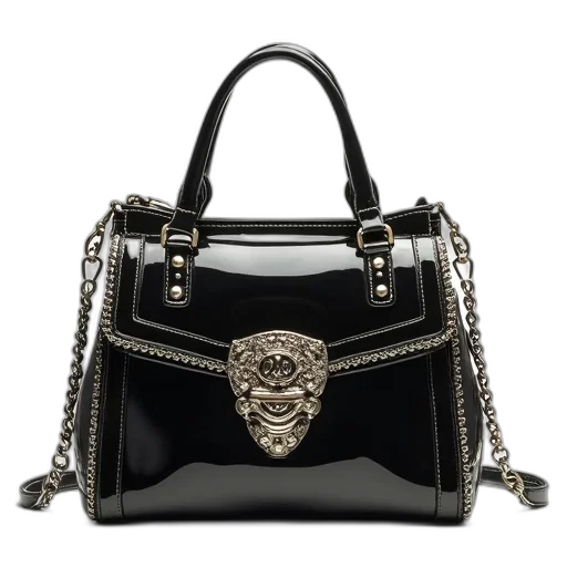black, gold, handbag, shiny, metallic, finish, displayed, against transparent PNG cut-out