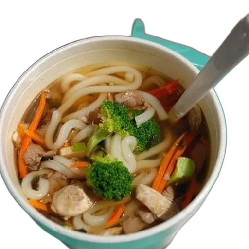 food, 3d render, photorealistic, bowl, soup, noodles, broccoli, carrots transparent PNG cut-out
