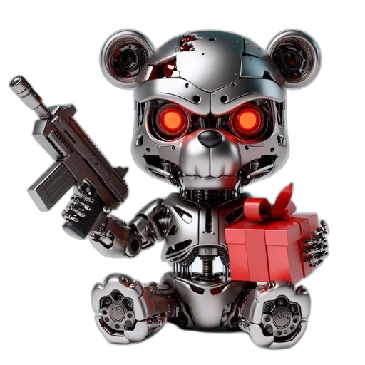 robot, weapon, 3d render, concept art, cyberpunk, anthropomorphic, mechanized, teddy transparent PNG cut-out