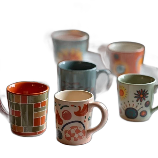 photorealistic, 3d render, collection, colorful, ceramic, mugs, displayed, table transparent PNG cut-out