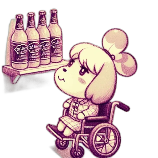 bottle, concept art, cartoon, pixel art, watercolor, character, wheelchair, wearing transparent PNG cut-out