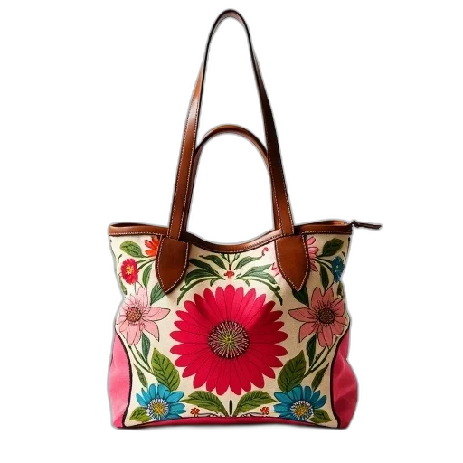 photorealistic, colorful, handbag, floral, pattern, displayed, against, white transparent PNG cut-out