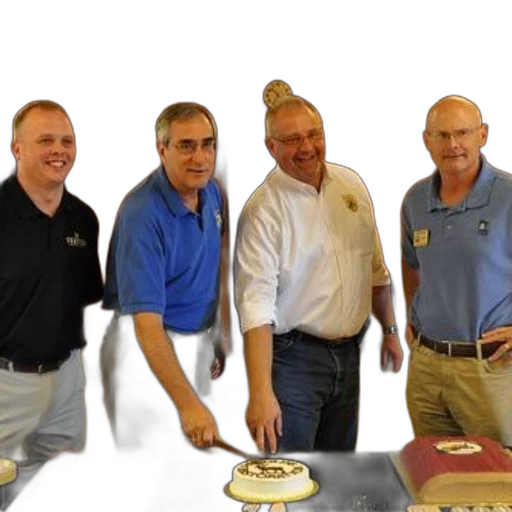 staff, four, men, stand, front, cake, book-shaped, table transparent PNG cut-out