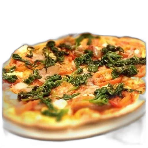 food, 3d render, photorealistic, pizza, spinach, tomatoes, cheese, white transparent PNG cut-out