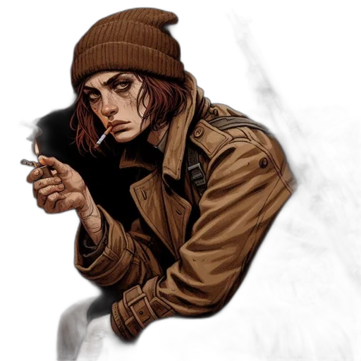 jacket, weapon, face, hat, comic book art, concept art, pixel art, fantasy art transparent PNG cut-out