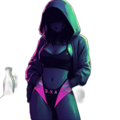 jacket, mask, dress, cyberpunk, concept art, pixel art, 3d render, neon lights transparent PNG cut-out
