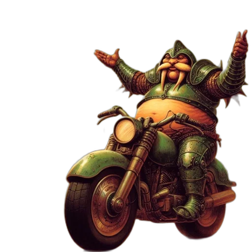 concept art, fantasy art, pixel art, green, medieval, knight, rides, motorcycle transparent PNG cut-out