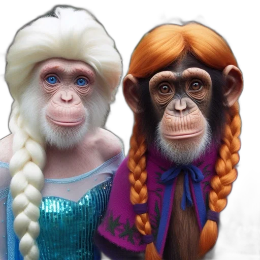 3d render, photorealistic, concept art, two, chimpanzees, dressed, frozen, characters transparent PNG cut-out