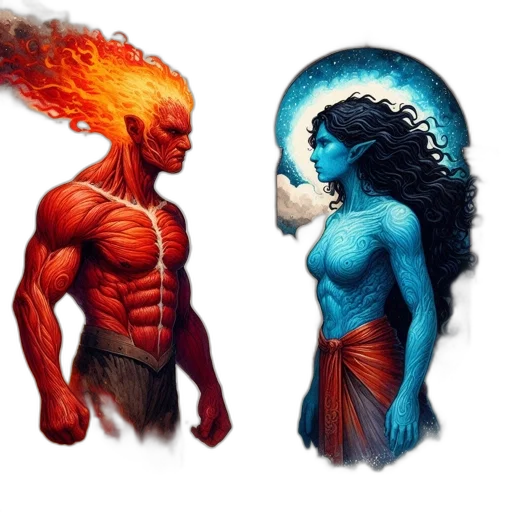 comic book art, concept art, fantasy art, pixel art, fire, red, two, figures transparent PNG cut-out