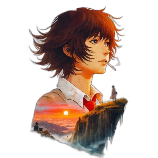 face, watercolor, concept art, anime, fantasy art, sunset, fire, red transparent PNG cut-out
