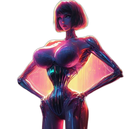 robot, dress, concept art, comic book art, cyberpunk, fantasy art, neon lights, neon transparent PNG cut-out