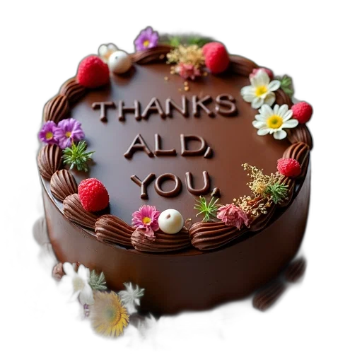 food, staff, 3d render, photorealistic, chocolate, cake, words, thanks transparent PNG cut-out