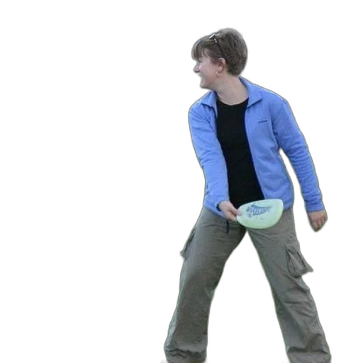 jacket, 3d render, woman, blue, holding, frisbee, park transparent PNG cut-out