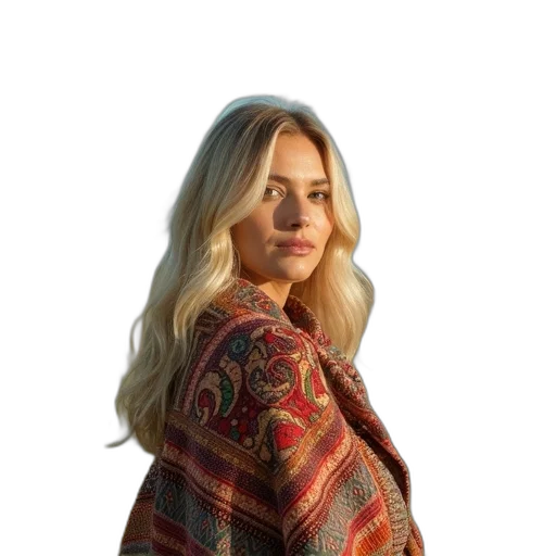 jacket, dress, hair, face, earth tones, woman, blonde, standing transparent PNG cut-out