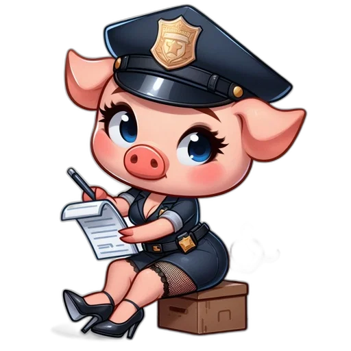 staff, concept art, cartoon, pixel art, piglet, police, uniform, sits transparent PNG cut-out
