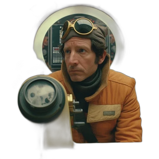 jacket, staff, face, robot, concept art, outer space, earth tones, man transparent PNG cut-out