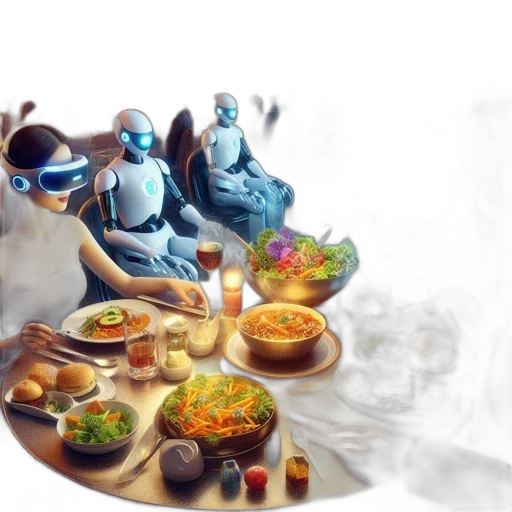 robot, food, concept art, fantasy art, 3d render, photorealistic, outer space, fog transparent PNG cut-out