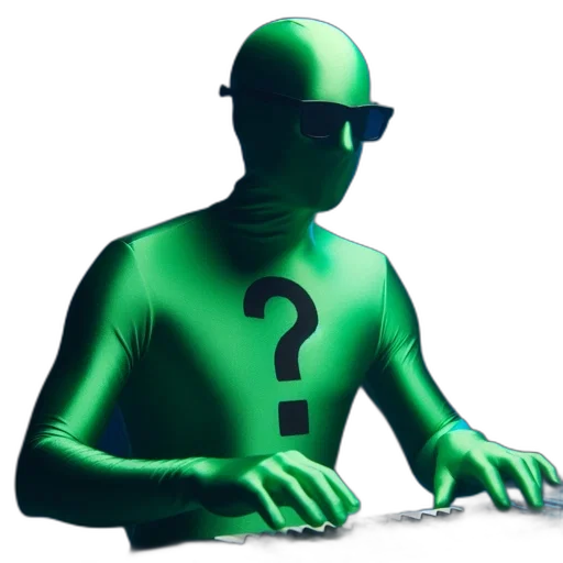 robot, staff, 3d render, green, individual, wears, suit, question transparent PNG cut-out