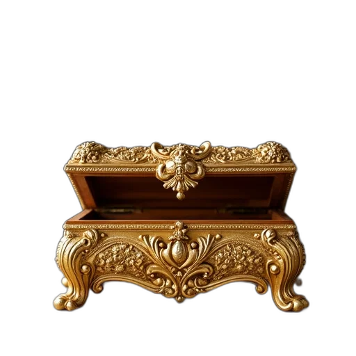 furniture, crown, jewelry, 3d render, golden, ornate, box, intricate transparent PNG cut-out