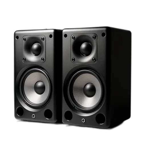 3d render, photorealistic, pair, black, speakers, silver, grille, white transparent PNG cut-out
