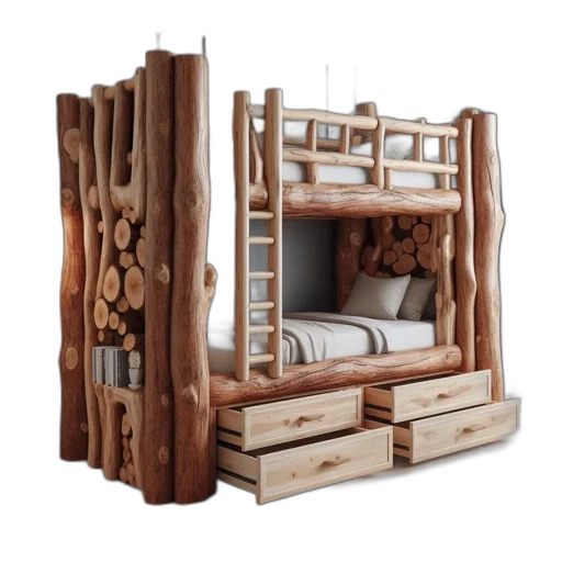 furniture, 3d render, earth tones, natural, wood, bunk, bed, two transparent PNG cut-out
