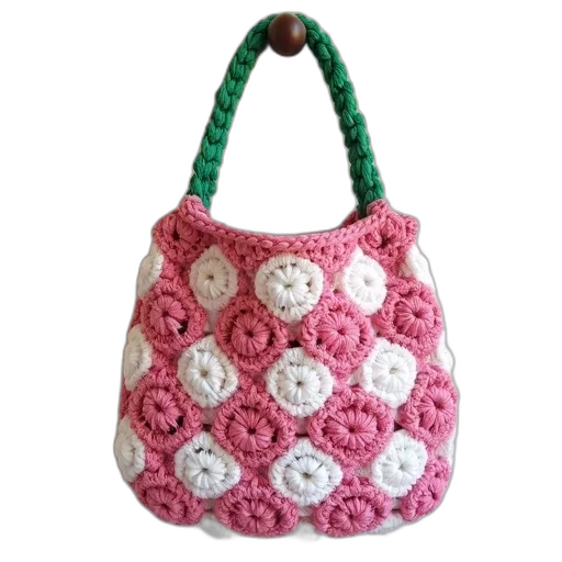 crocheted, pink, white, handbag, green, handle, hanging, wall transparent PNG cut-out