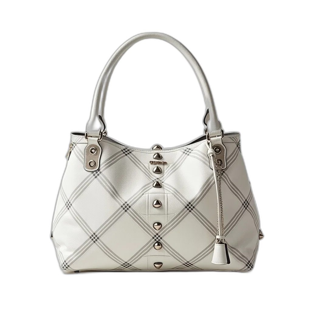 3d render, white, handbag, plaid, pattern, silver, studs, front transparent PNG cut-out