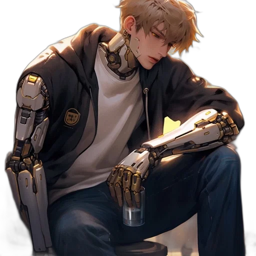 robot, jacket, weapon, staff, cyberpunk, concept art, fantasy art, pixel art transparent PNG cut-out