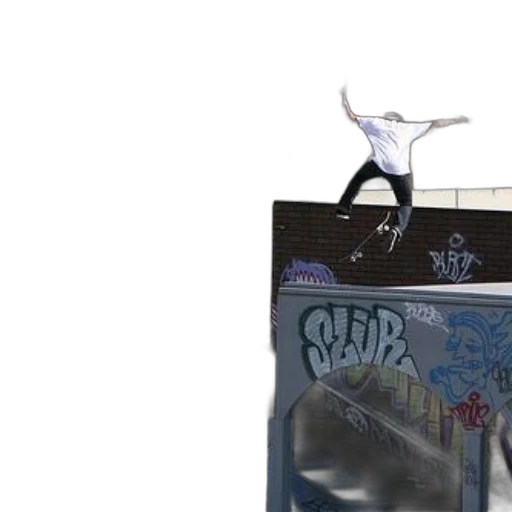 concept art, 3d render, skateboarder, performs, trick, brick, wall, graffiti transparent PNG cut-out