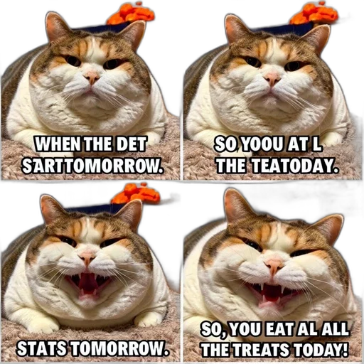 food, hat, humorous, four-panel, meme, chubby, cat, changing transparent PNG cut-out