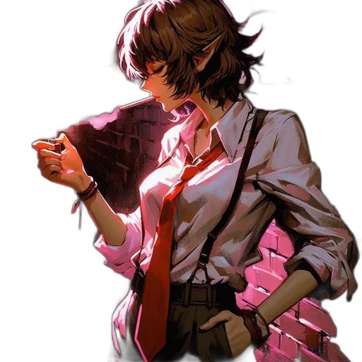 jacket, staff, weapon, face, concept art, pixel art, anime, vaporwave transparent PNG cut-out