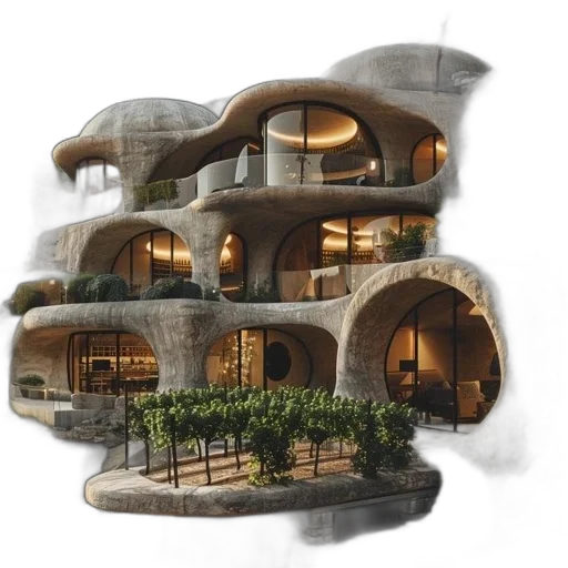 building, 3d render, concept art, photorealistic, earth tones, curvilinear, carved, into transparent PNG cut-out