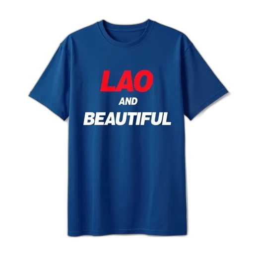 blue, t-shirt, phrase, lao, beautiful, red, white, lettering transparent PNG cut-out