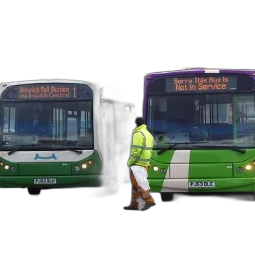 3d render, concept art, photorealistic, two, buses, road, one, heading transparent PNG cut-out