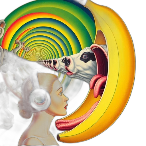 woman, headphones, amidst, distressed, animals, large, screaming, banana transparent PNG cut-out